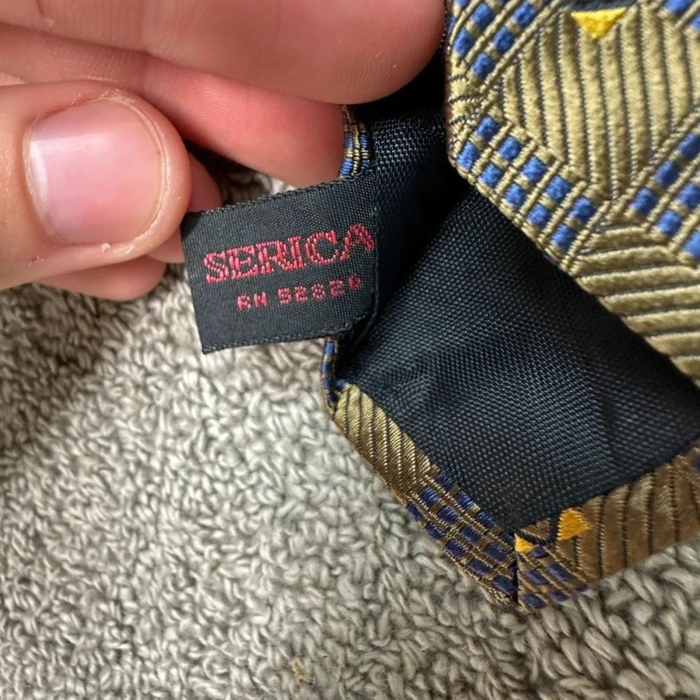 Herve Paris Milan Silk Tie Mens Gold Navy Blue Geometric Diamond Made in Italy